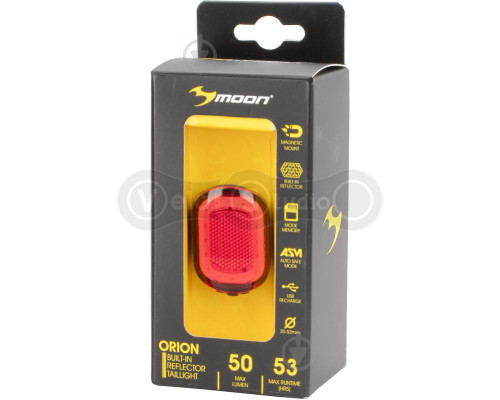 Мигалка задняя Moon Orion 50 люмен, встроенный аккум, USB-MICRO кабель, черная