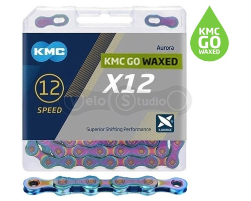 Цепь KMC X12 Aurora Blue 12 скоростей, 126 звеньев + замок Waxed (смазка KMC GO WAX)