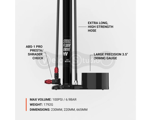 Насос підлоговий LEZYNE STEEL FLOOR DRIVE HV Манометр 3,5 чорний 100psi Y18
