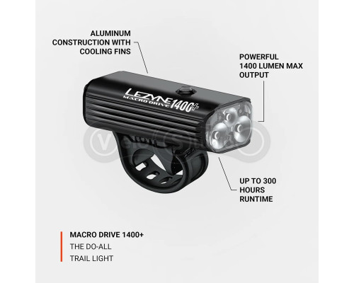 Передня фара LEZYNE MACRO DRIVE 1400+ FRONT чорна матова 1400 люмен Y17