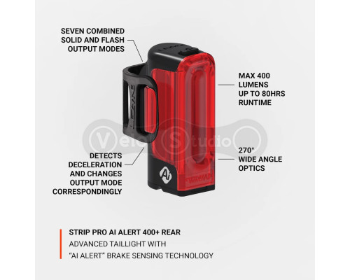 Задняя мигалка LEZYNE STRIP PRO Ai ALERT 400+ REAR Black 400 люмен Y17
