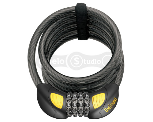 Замок Onguard DOBERMAN GLO кодовый на 4 цифры с LED-подсветкой, спиральный трос 185см х 12мм, поворотный держатель на раму
