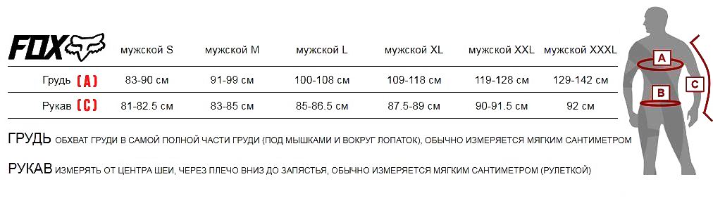 Таблица размеров защиты тела FOX